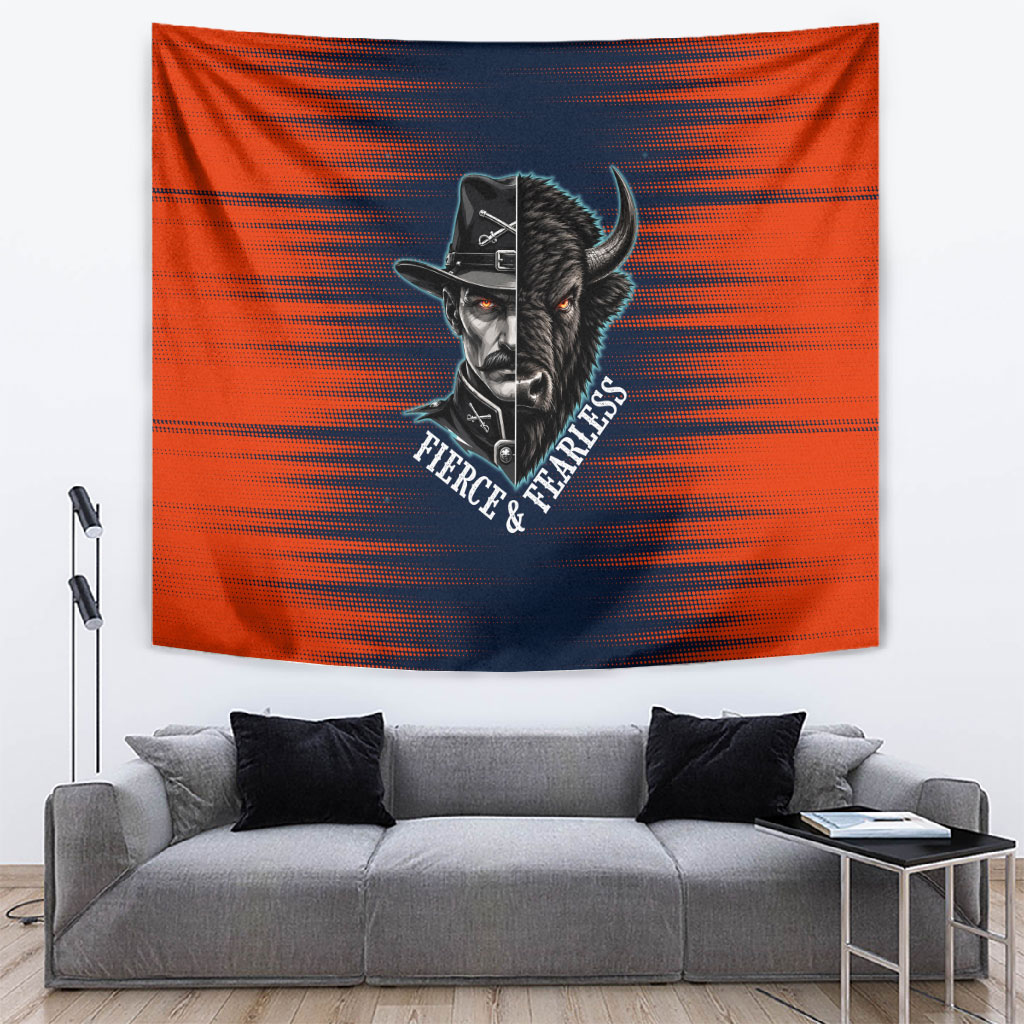 Buffalo Soldiers Fierce And Fearless Cavalry Tapestry Half Face Soldier And Bison Halftone Graphic Art