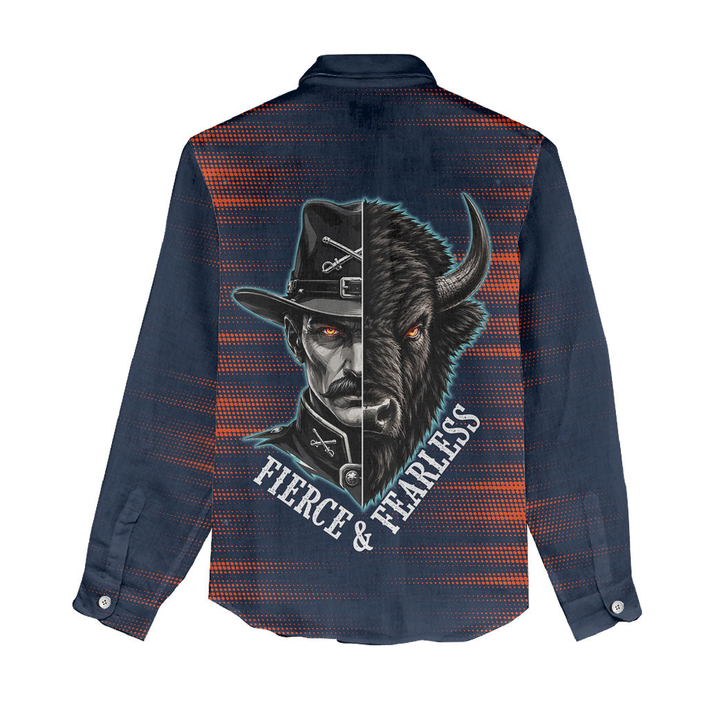 Buffalo Soldiers Fierce And Fearless Cavalry Women Casual Shirt Half Face Soldier And Bison Halftone Graphic Art