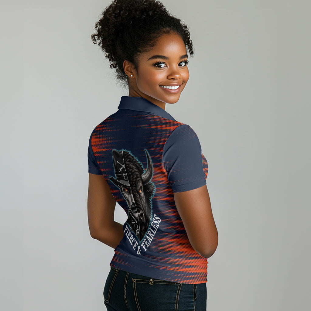 Buffalo Soldiers Fierce And Fearless Cavalry Women Polo Shirt Half Face Soldier And Bison Halftone Graphic Art