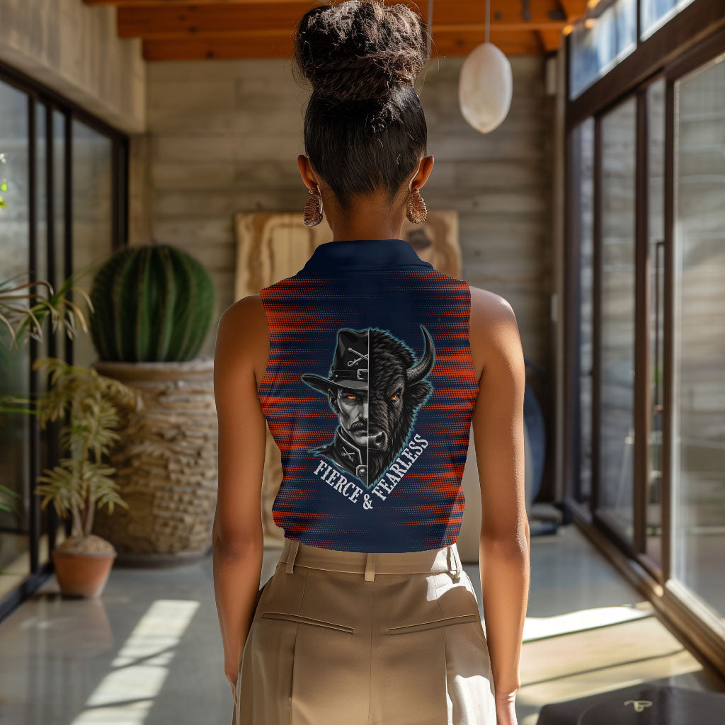 Buffalo Soldiers Fierce And Fearless Cavalry Women Sleeveless Polo Shirt Half Face Soldier And Bison Halftone Graphic Art
