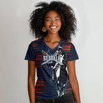 Buffalo Soldiers Fierce And Fearless Cavalry Women V-Neck T-Shirt Half Face Soldier And Bison Halftone Graphic Art