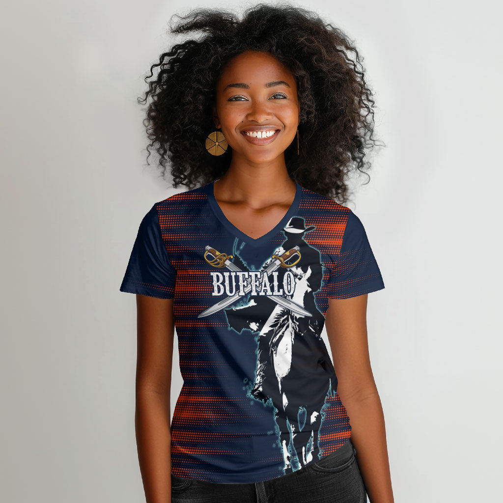 Buffalo Soldiers Fierce And Fearless Cavalry Women V-Neck T-Shirt Half Face Soldier And Bison Halftone Graphic Art