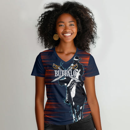 Buffalo Soldiers Fierce And Fearless Cavalry Women V-Neck T-Shirt Half Face Soldier And Bison Halftone Graphic Art