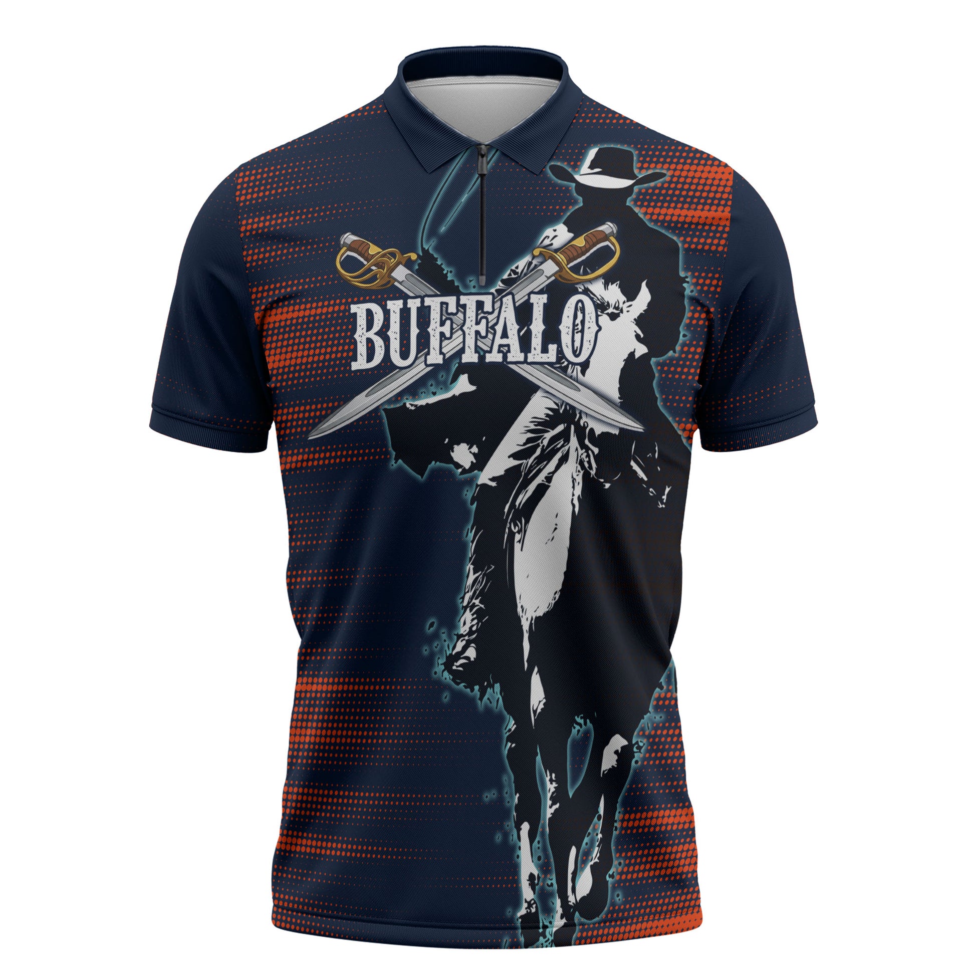 Buffalo Soldiers Fierce And Fearless Cavalry Zipper Polo Shirt Half Face Soldier And Bison Halftone Graphic Art