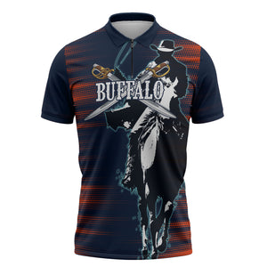 Buffalo Soldiers Fierce And Fearless Cavalry Zipper Polo Shirt Half Face Soldier And Bison Halftone Graphic Art