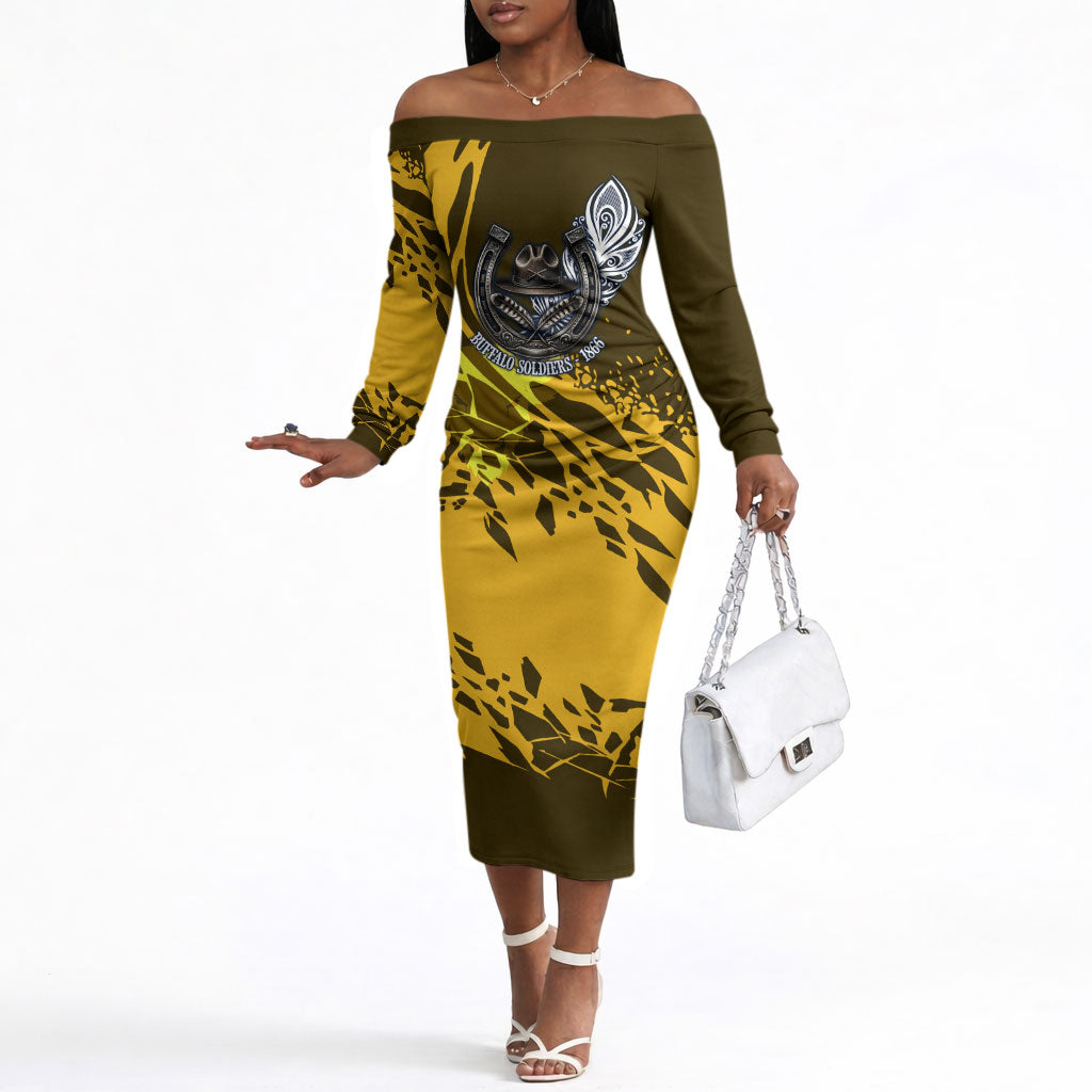 Buffalo Soldiers 9th And 10th Cavalry Regiments Off The Shoulder Long Sleeve Dress Wild And Untamed Vintage Western Horseshoe Graphic Art