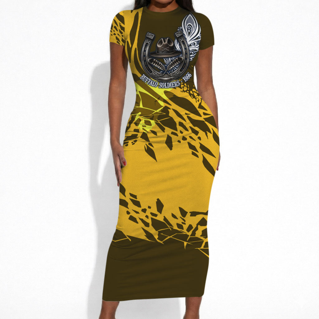 Buffalo Soldiers 9th And 10th Cavalry Regiments Short Sleeve Bodycon Dress Wild And Untamed Vintage Western Horseshoe Graphic Art