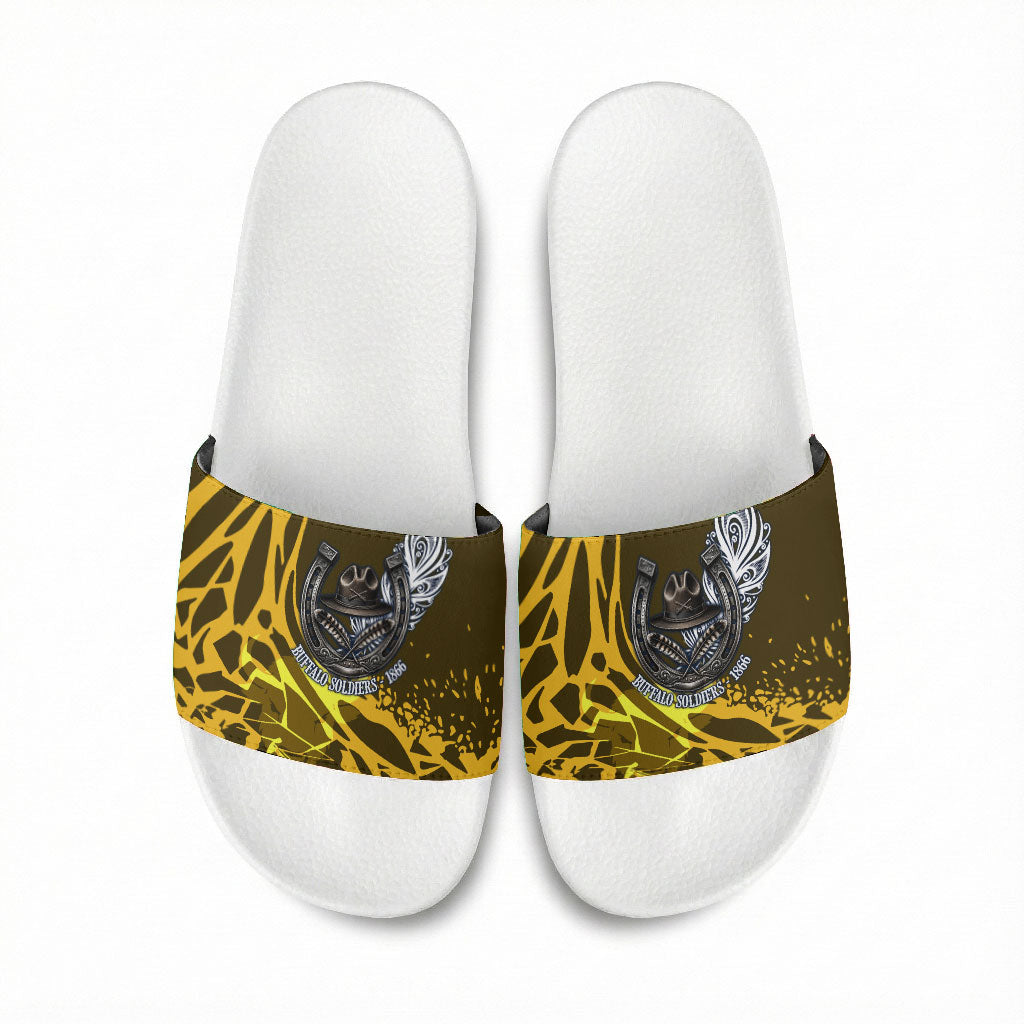 Buffalo Soldiers 9th And 10th Cavalry Regiments Slide Sandals Wild And Untamed Vintage Western Horseshoe Graphic Art