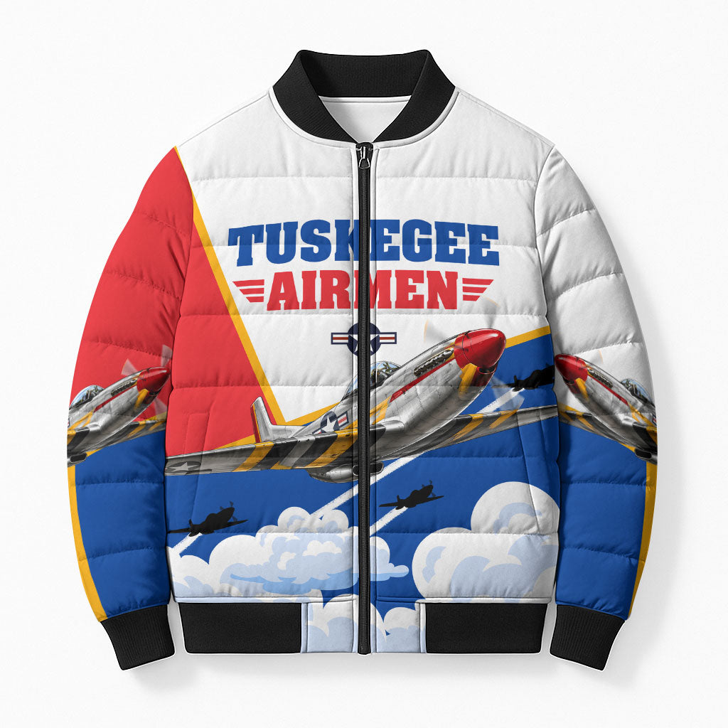 Personalized Tuskegee Airmen Bomber Puffer Jacket Expect To Win P-51 Mustang Patriotic Aviation Art