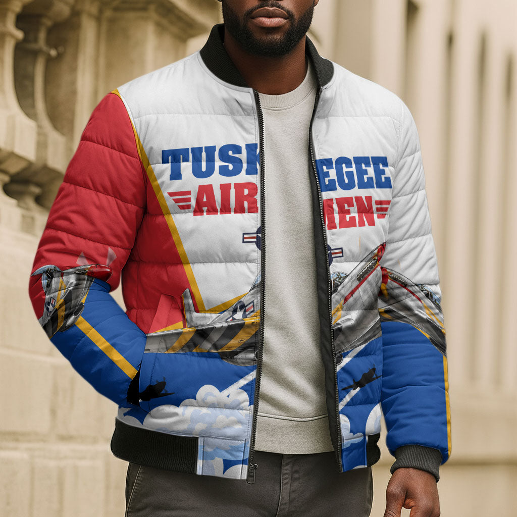 Personalized Tuskegee Airmen Bomber Puffer Jacket Expect To Win P-51 Mustang Patriotic Aviation Art