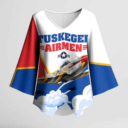 Personalized Tuskegee Airmen Kimono Sleeve Blouse Expect To Win P-51 Mustang Patriotic Aviation Art
