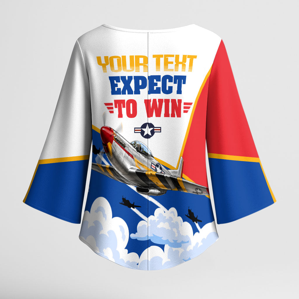 Personalized Tuskegee Airmen Kimono Sleeve Blouse Expect To Win P-51 Mustang Patriotic Aviation Art