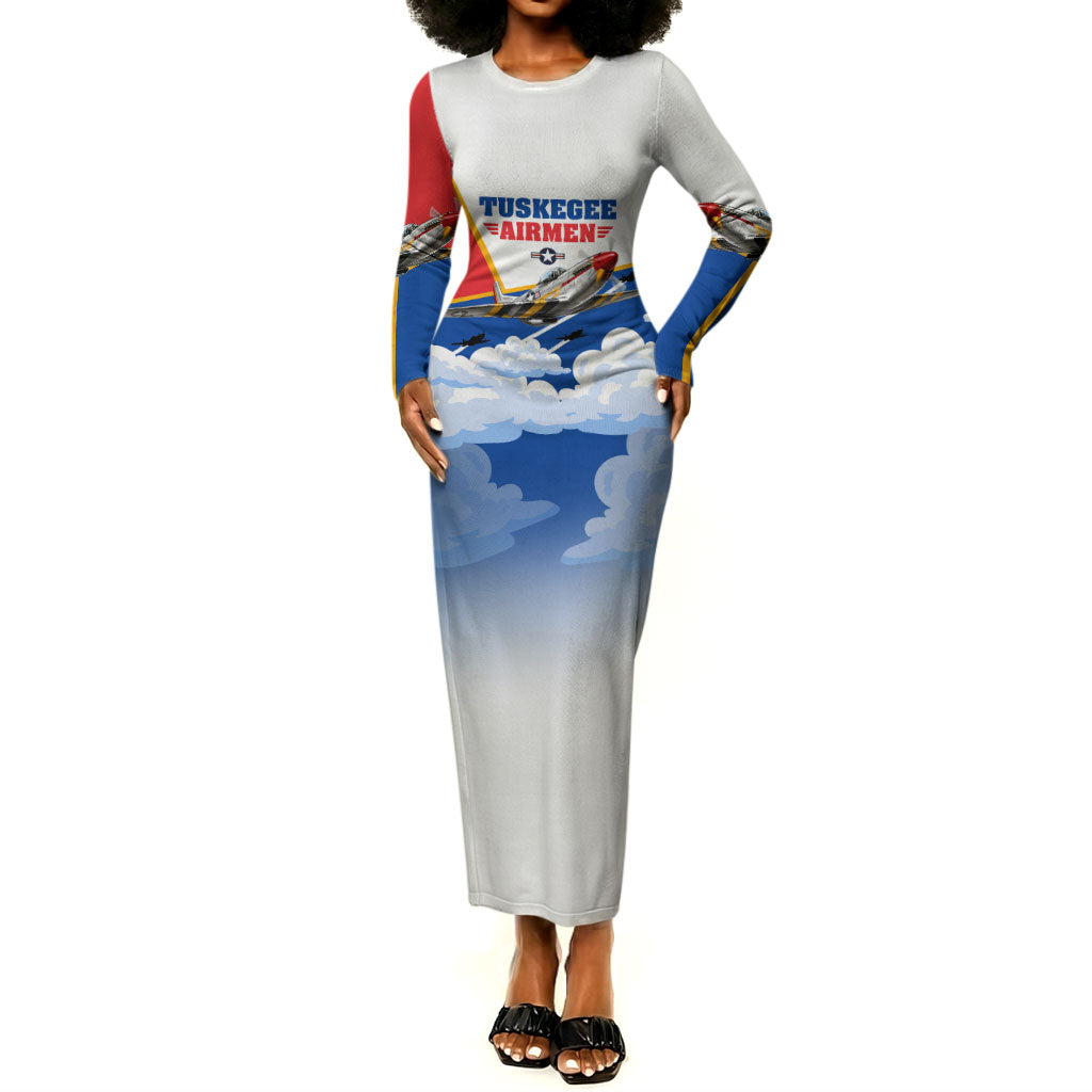 Personalized Tuskegee Airmen Long Sleeve Bodycon Dress Expect To Win P-51 Mustang Patriotic Aviation Art