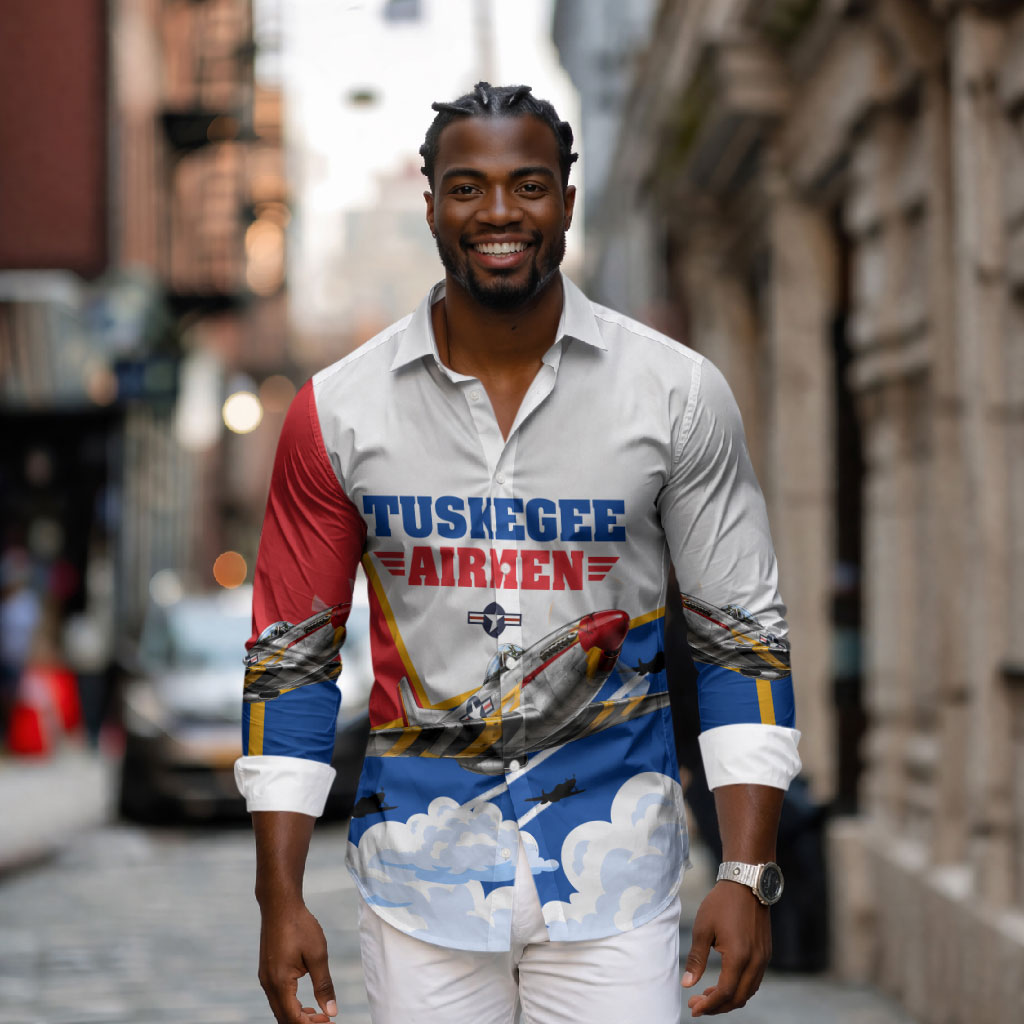 Personalized Tuskegee Airmen Long Sleeve Button Shirt Expect To Win P-51 Mustang Patriotic Aviation Art