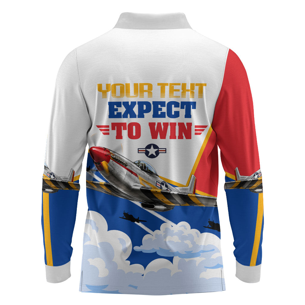 Personalized Tuskegee Airmen Long Sleeve Polo Shirt Expect To Win P-51 Mustang Patriotic Aviation Art