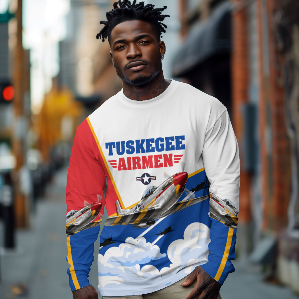 Personalized Tuskegee Airmen Long Sleeve Shirt Expect To Win P-51 Mustang Patriotic Aviation Art