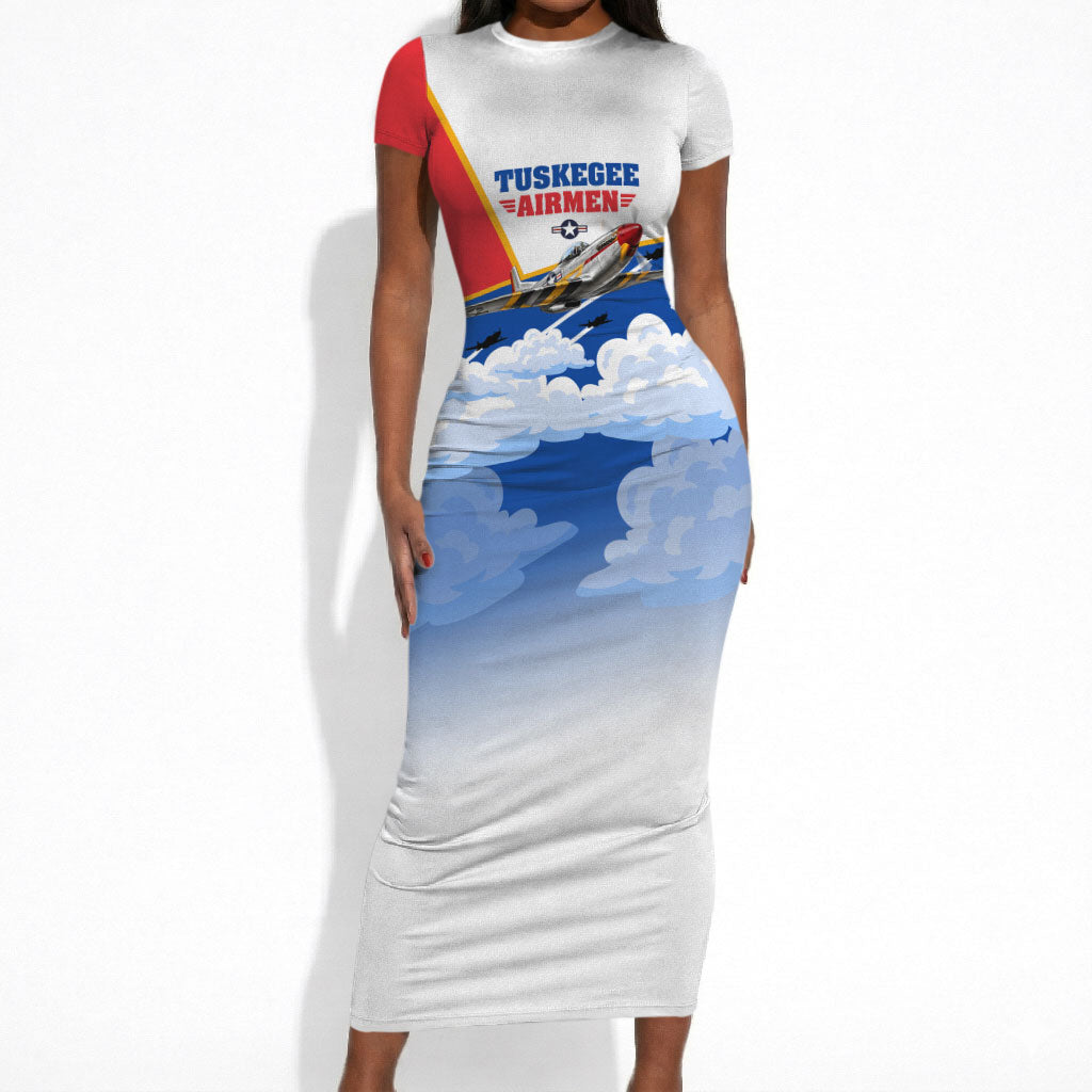 Personalized Tuskegee Airmen Short Sleeve Bodycon Dress Expect To Win P-51 Mustang Patriotic Aviation Art