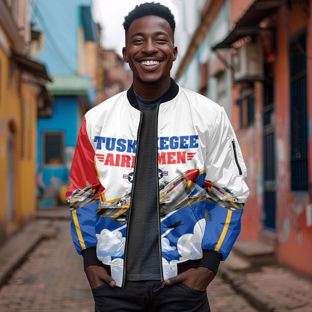 Personalized Tuskegee Airmen Sleeve Zip Bomber Jacket Expect To Win P-51 Mustang Patriotic Aviation Art