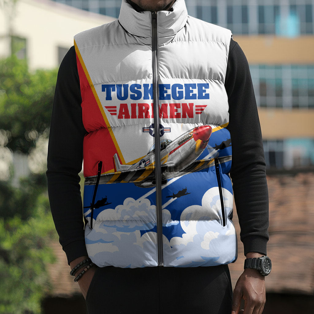Personalized Tuskegee Airmen Sleeveless Puffer Jacket Expect To Win P-51 Mustang Patriotic Aviation Art