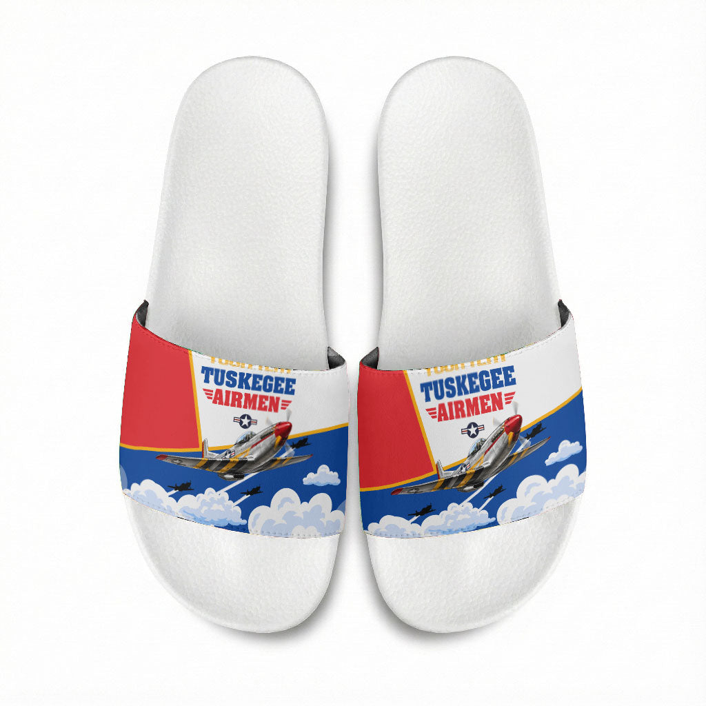 Personalized Tuskegee Airmen Slide Sandals Expect To Win P-51 Mustang Patriotic Aviation Art