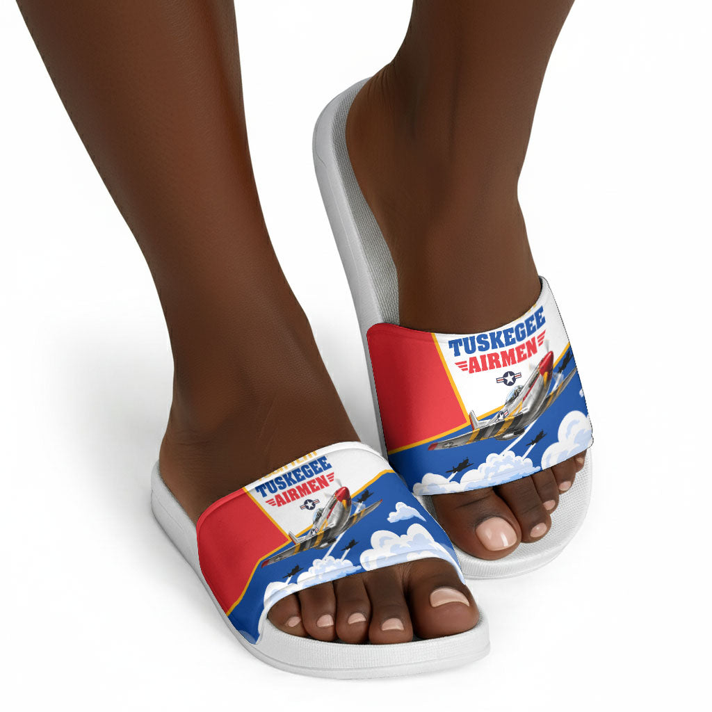 Personalized Tuskegee Airmen Slide Sandals Expect To Win P-51 Mustang Patriotic Aviation Art