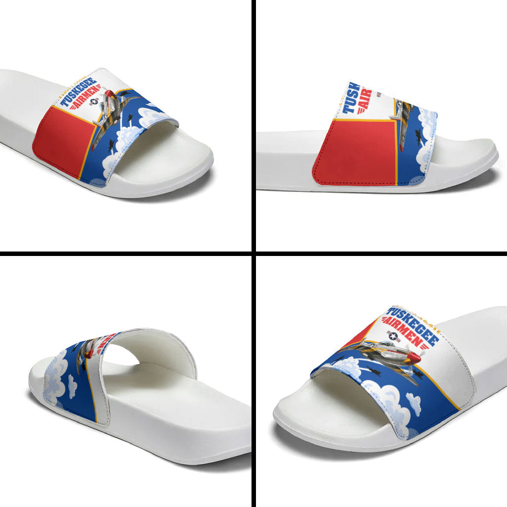 Personalized Tuskegee Airmen Slide Sandals Expect To Win P-51 Mustang Patriotic Aviation Art