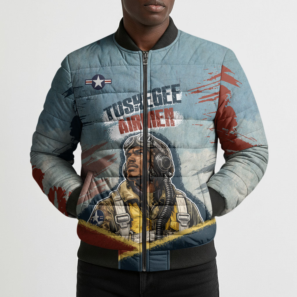 Personalized Tuskegee Airmen Bomber Puffer Jacket Believe In Yourself Vintage WWII Military Aviation Art