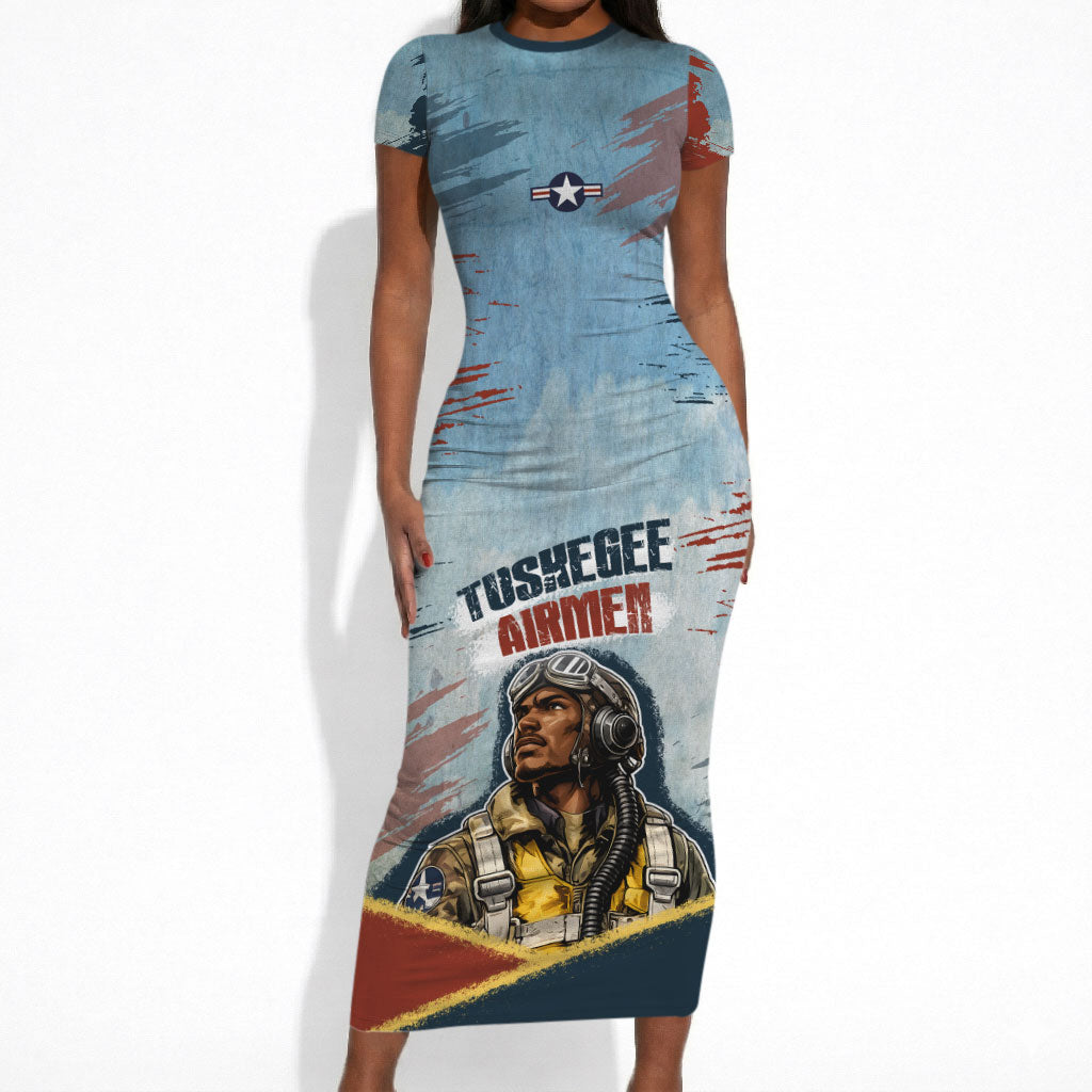 Personalized Tuskegee Airmen Short Sleeve Bodycon Dress Believe In Yourself Vintage WWII Military Aviation Art