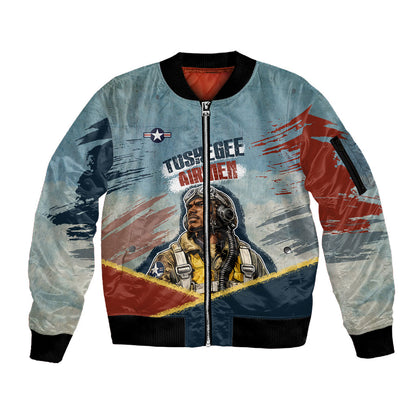 Personalized Tuskegee Airmen Sleeve Zip Bomber Jacket Believe In Yourself Vintage WWII Military Aviation Art
