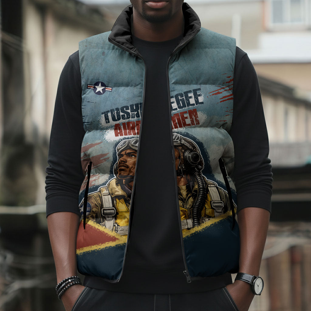 Personalized Tuskegee Airmen Sleeveless Puffer Jacket Believe In Yourself Vintage WWII Military Aviation Art