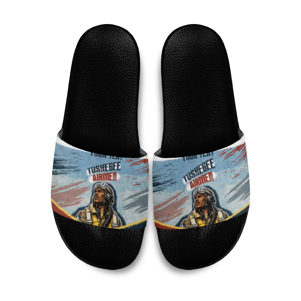 Personalized Tuskegee Airmen Slide Sandals Believe In Yourself Vintage WWII Military Aviation Art