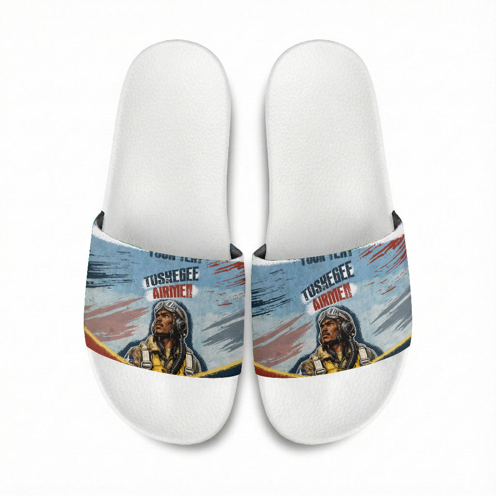Personalized Tuskegee Airmen Slide Sandals Believe In Yourself Vintage WWII Military Aviation Art