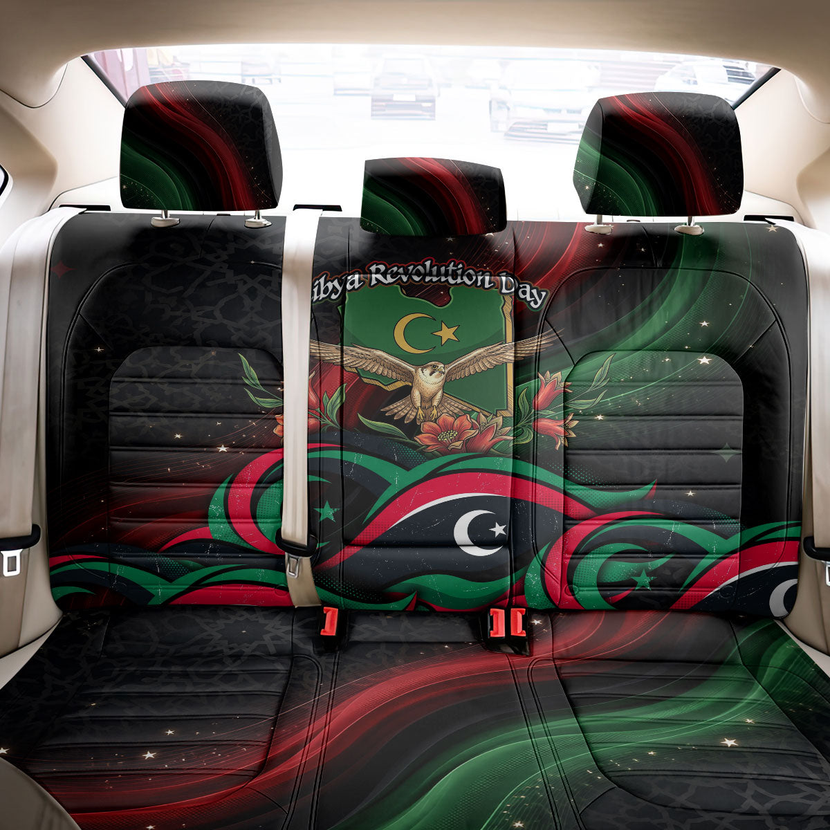 Libya Revolution Day Back Car Seat Cover Flying Eagle Libyan Coat Of Arms Map - Land Of Resilience And Pride