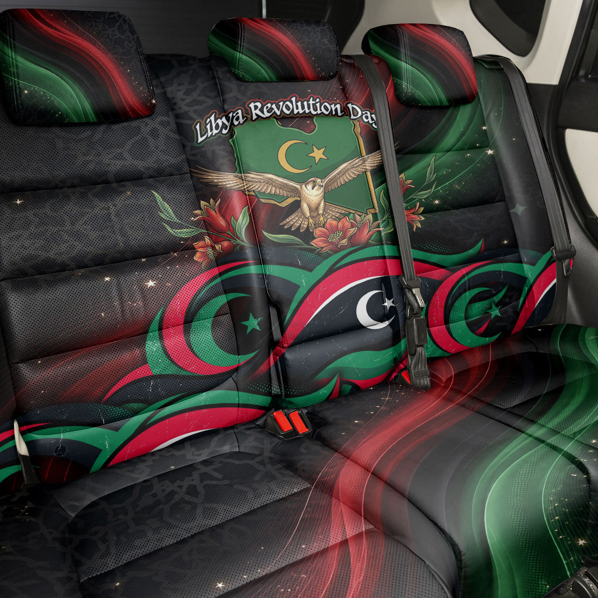 Libya Revolution Day Back Car Seat Cover Flying Eagle Libyan Coat Of Arms Map - Land Of Resilience And Pride