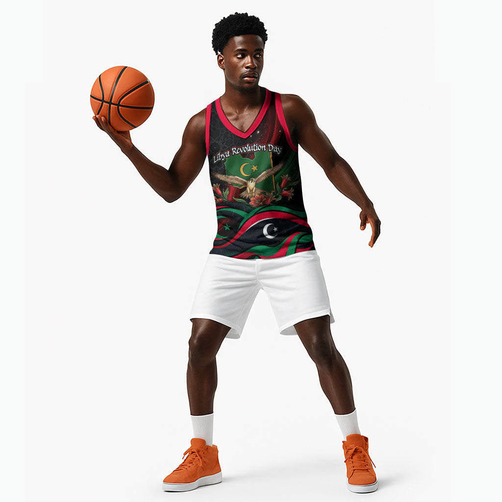Libya Revolution Day Basketball Jersey Flying Eagle Libyan Coat Of Arms Map - Land Of Resilience And Pride