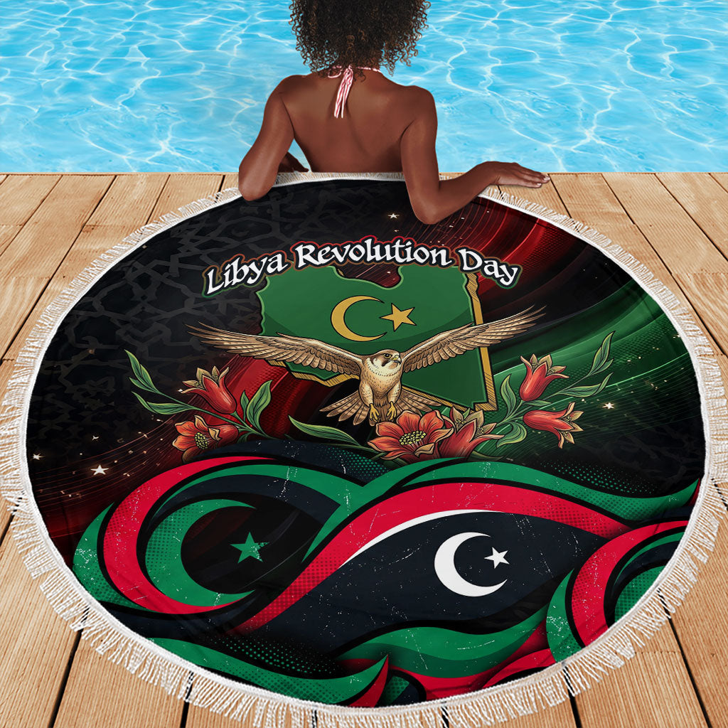 Libya Revolution Day Beach Blanket Flying Eagle Libyan Coat Of Arms Map - Land Of Resilience And Pride