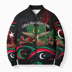 Libya Revolution Day Bomber Puffer Jacket Flying Eagle Libyan Coat Of Arms Map - Land Of Resilience And Pride