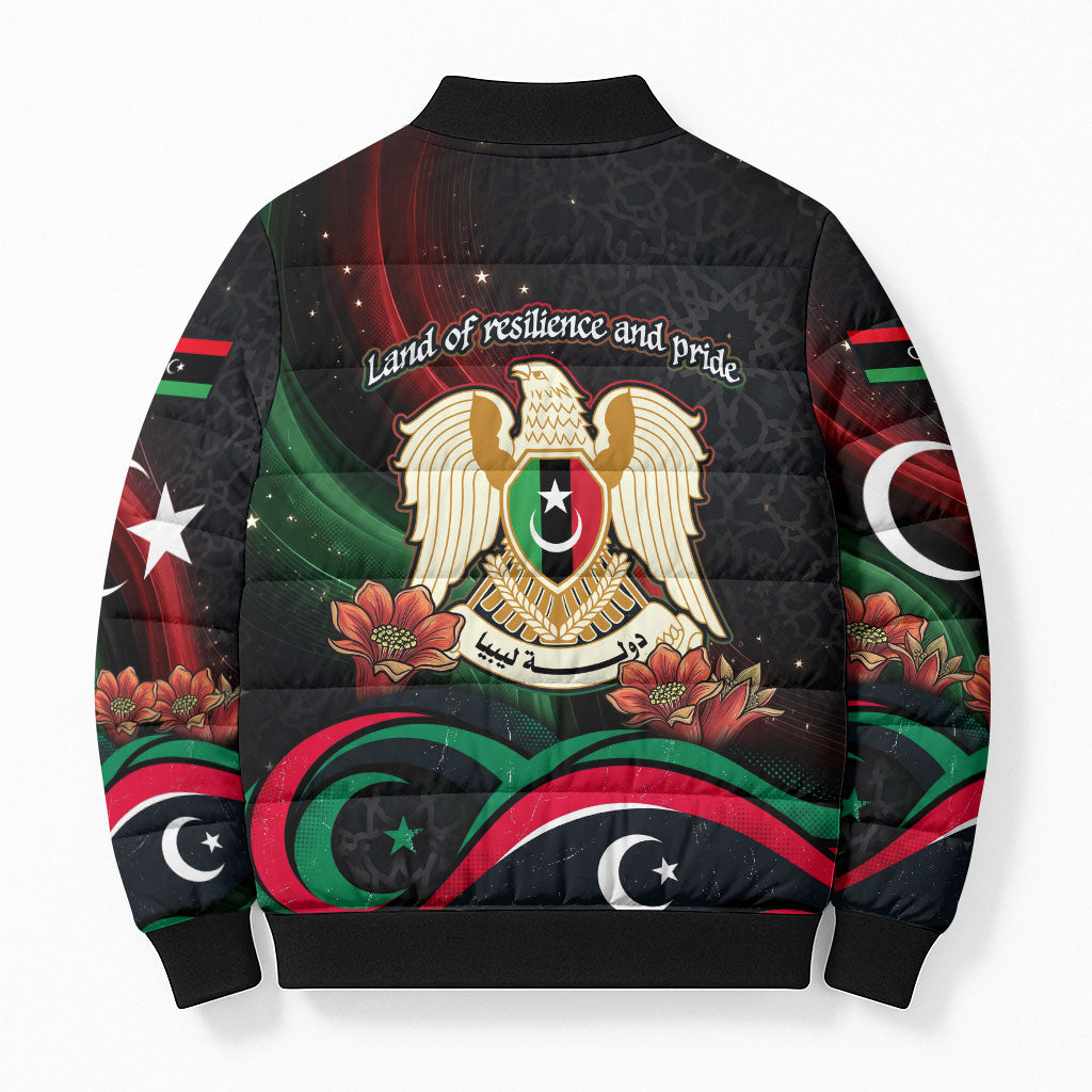 Libya Revolution Day Bomber Puffer Jacket Flying Eagle Libyan Coat Of Arms Map - Land Of Resilience And Pride