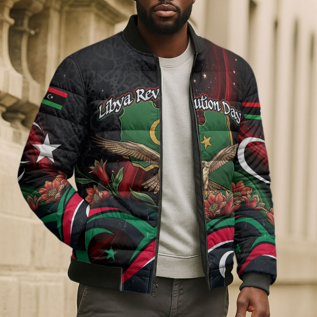 Libya Revolution Day Bomber Puffer Jacket Flying Eagle Libyan Coat Of Arms Map - Land Of Resilience And Pride