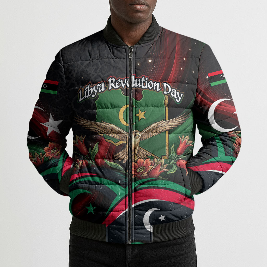 Libya Revolution Day Bomber Puffer Jacket Flying Eagle Libyan Coat Of Arms Map - Land Of Resilience And Pride