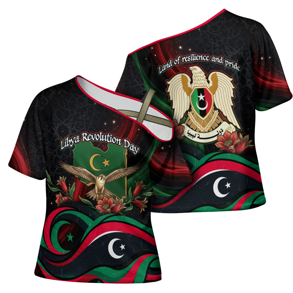 Libya Revolution Day Cross Shoulder Shirt Flying Eagle Libyan Coat Of Arms Map - Land Of Resilience And Pride
