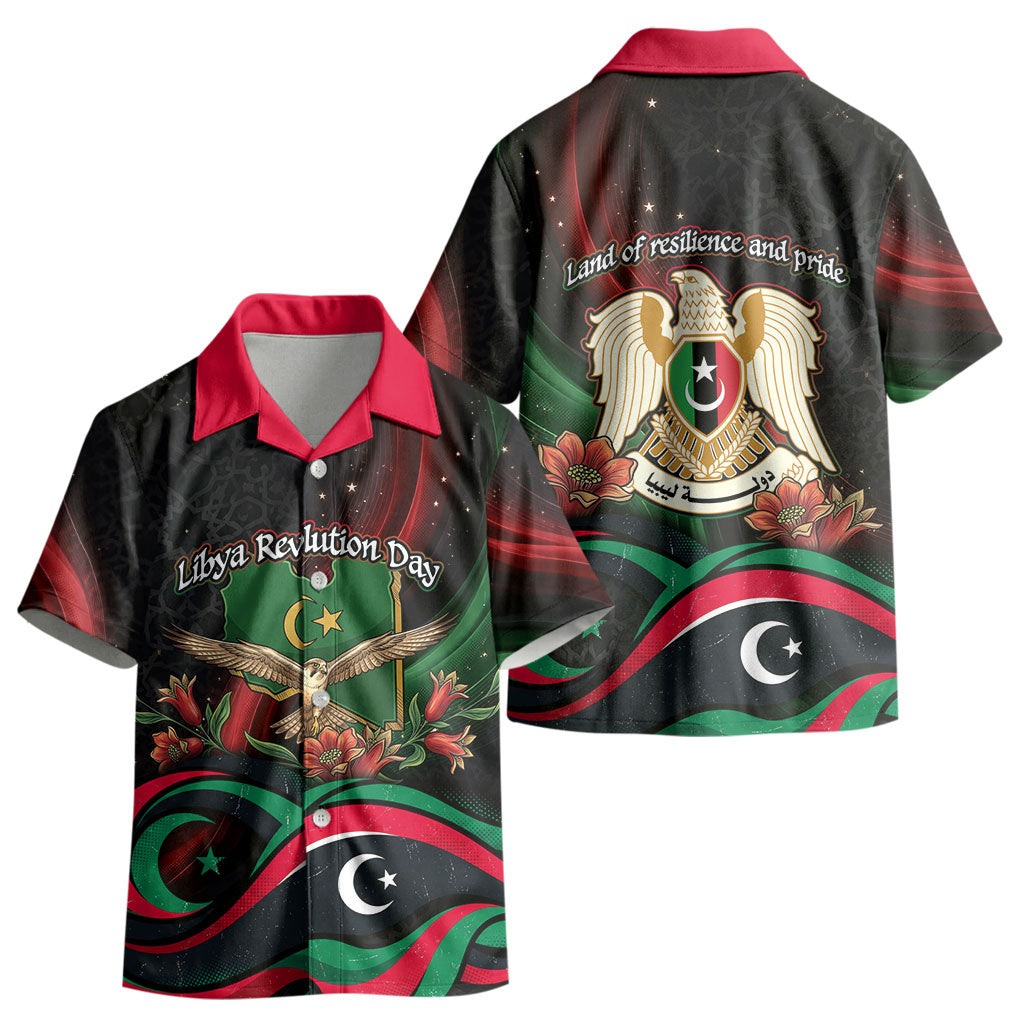 Libya Revolution Day Kid Hawaiian Shirt Flying Eagle Libyan Coat Of Arms Map - Land Of Resilience And Pride