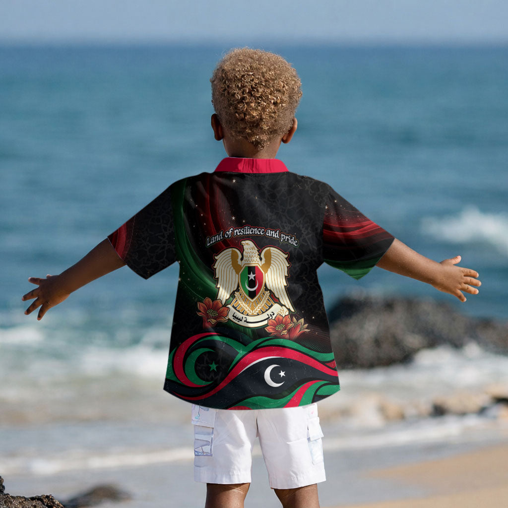 Libya Revolution Day Kid Hawaiian Shirt Flying Eagle Libyan Coat Of Arms Map - Land Of Resilience And Pride