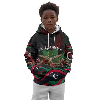 Libya Revolution Day Kid Hoodie Flying Eagle Libyan Coat Of Arms Map - Land Of Resilience And Pride