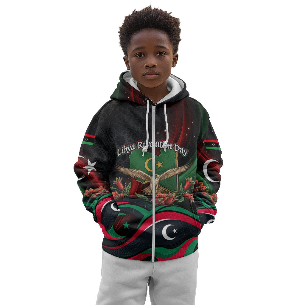 Libya Revolution Day Kid Hoodie Flying Eagle Libyan Coat Of Arms Map - Land Of Resilience And Pride