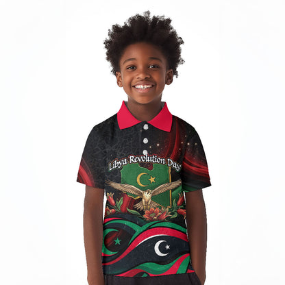 Libya Revolution Day Kid Polo Shirt Flying Eagle Libyan Coat Of Arms Map - Land Of Resilience And Pride