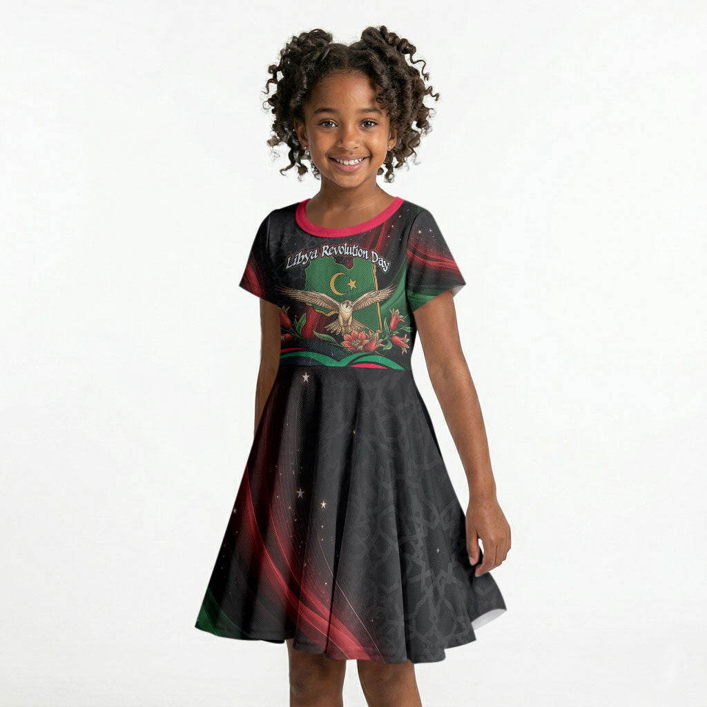 Libya Revolution Day Kid Short Sleeve Dress Flying Eagle Libyan Coat Of Arms Map - Land Of Resilience And Pride