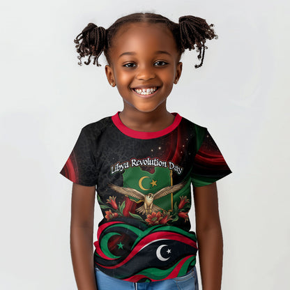 Libya Revolution Day Kid T shirt Flying Eagle Libyan Coat Of Arms Map - Land Of Resilience And Pride