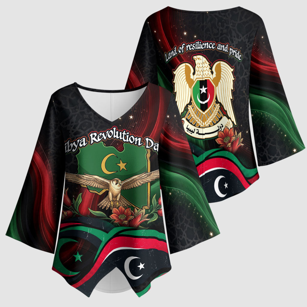 Libya Revolution Day Kimono Sleeve Blouse Flying Eagle Libyan Coat Of Arms Map - Land Of Resilience And Pride