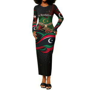 Libya Revolution Day Long Sleeve Bodycon Dress Flying Eagle Libyan Coat Of Arms Map - Land Of Resilience And Pride